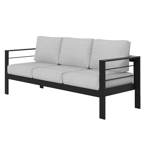 Wisteria Lane Patio Furniture Aluminum Sofa, All-Weather Outdoor 3 Seats Couch, Black Metal Chair with Light Grey Cushions