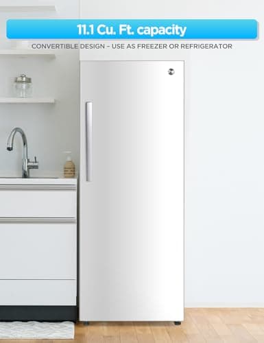 Commercial Cool 11.1 Cu. Ft. Convertible Freezer Refrigerator, Upright Fridge with Glass Shelves, Reversible Door, Garage Ready, ENERGY STAR rated, Auto Defrost, CCUC1110GW, White