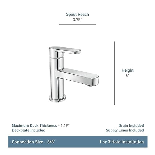 Moen Laris Chrome One-Handle Single Hole Modern Bathroom Sink Faucet with Optional Deckplate and Spring Loaded Drain Assembly, 84014