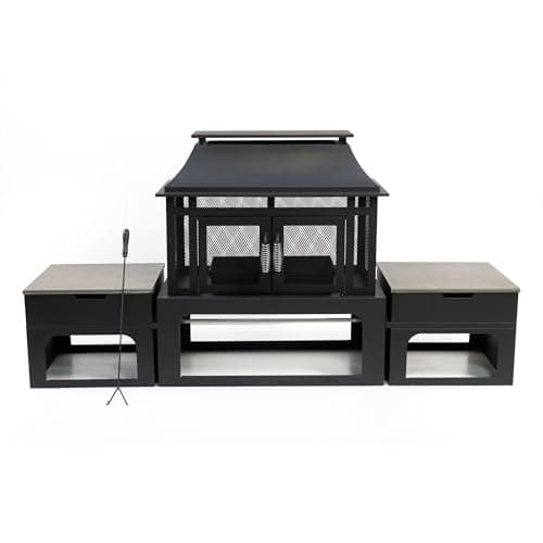 70 Inch Rectangular Outdoor Steel Woodburning Fireplace with Side Tables - Integrated Log Storage and Log Poker