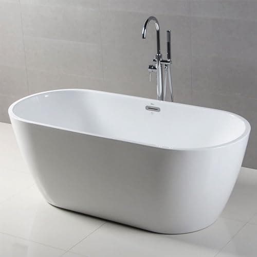 FerdY Bali 59" Acrylic Freestanding Bathtub, Gracefully Shaped Freestanding Soaking Bathtub, Toe-Tap Chrome Drain and Classic Slotted Overflow Included, Glossy White, cUPC Certified