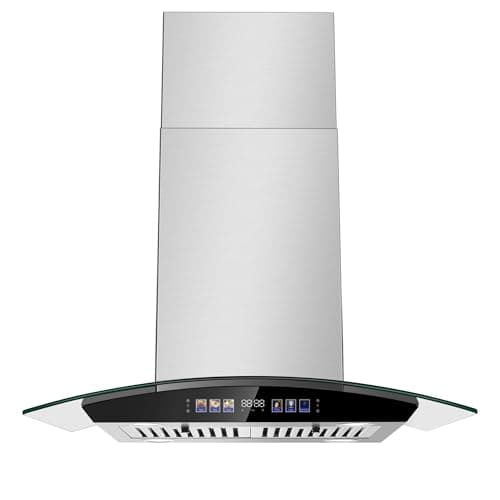 Island Range Hood 30 Inch 700 CFM Ceiling Mount Kitchen Vent Hood Tempered Glass with Color Gesture Sensing & Touch Control, 3 Speed Fan, 4 LED Lights, Permanent Filters