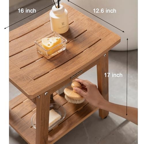 HDPS Shower Bench Seat for Inside, Waterproof Poly Lumber Shower Stool for Shaving Legs, Bathroom Foot Rest with Storage Shelf, Plastic Bath Chair Seat for with Adjustable Feet, No Maintenance, Brown