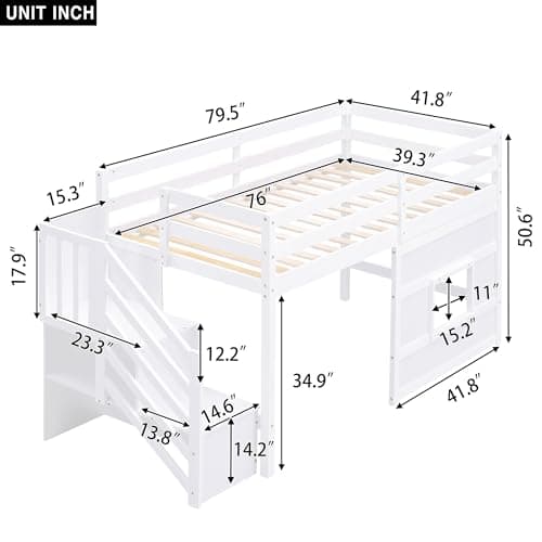 Twin Size Low Loft Bed with Stairs, Kids Loft Bed with Storage,Solid Wood Twin Loft Bed Frame for Kids, Space Saving Low Loft Bed for Boys, Girls, White
