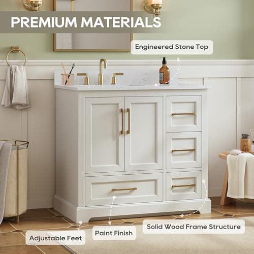 36 Inch Bathroom Vanity with Sink, Solid Wood Frame with Engineered Marble Top, Fully Assembled Storage Cabinet with 2 Soft-Closing Doors & 4 Drawers, Backspalsh, Greige