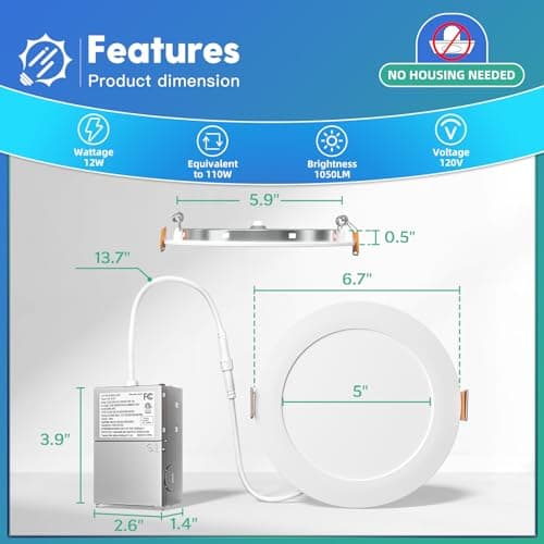 FREELICHT 24 Pack 6 Inch 5CCT Ultra-Thin LED Recessed Ceiling Light with Junction Box, 2700K/3000K/3500K/4000K/5000K Selectable, 1050LM Brightness, Dimmable Canless Wafer Downlight, 12WEqv110W-ETL&FCC
