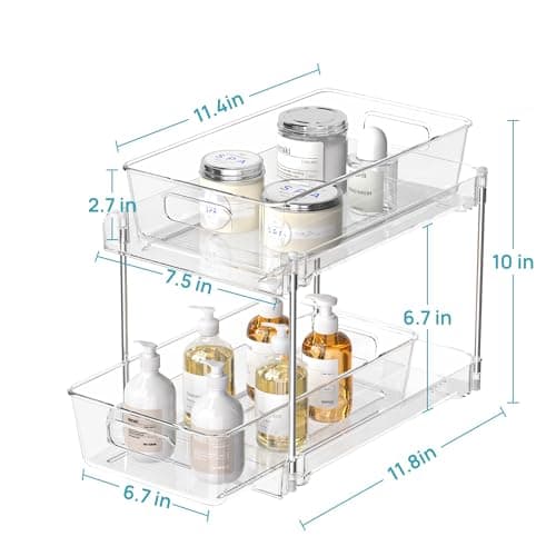Vtopmart 4 Pack Bathroom Organizer, 2 Tier Clear Under Sink Organizers Vanity Countertop Storage Container,Cabinet Drawers Bins, Pull-Out Organization with Track for Pantry, Kitchen
