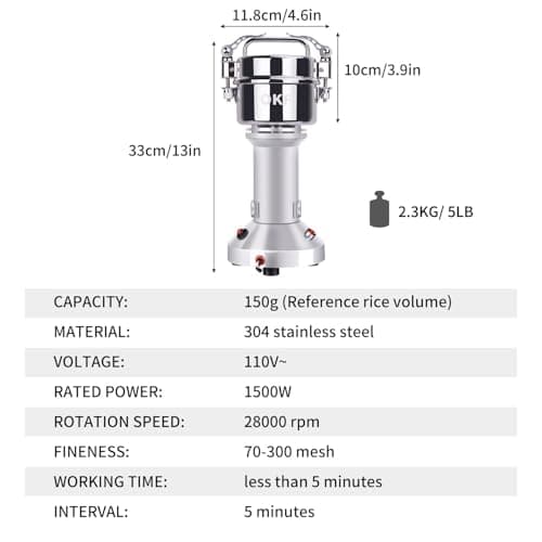 150g Grain Mill, 304 Stainless Steel Spice Grinder, 1500W High-speed Commercial Flour Mill, Superfine Flour Mill Grinder for Home, Grain Mill for Flour