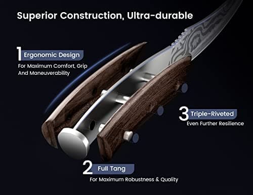 Steak Knives Set of 6, 4.8 Inch High-Carbon Japanese Stainless Steel Non-serrated Steak Knife with Wood Handle, Damascus Pattern Full Tang Design, Razor-Sharp Dinner Knives with Gift Box