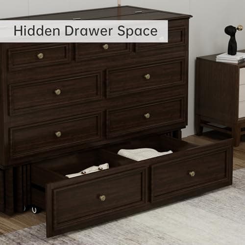Murphy Bed Cabinet Full with Tri-Folding Mattress, Solid Wood Murphy Bed with 2 USB & 2 Charging Ports, Large Storage Drawer for Home Office or Small Space, Ebony Wood Color