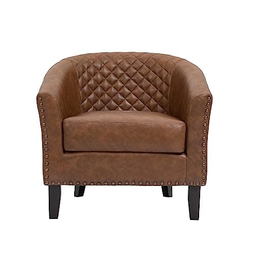 UIXE Faux Leather Accent Chairs Set of 2, Barrel Club Chair Modern Upholstered Armchair for Living Room, Comfy Nailed Trim Arm Chair Bedroom Reading Seat, Brown