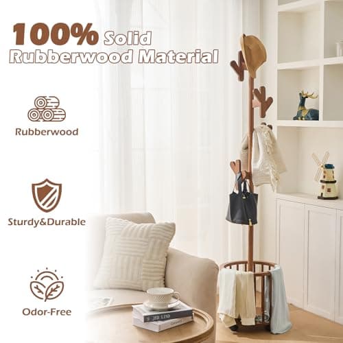 CozyDH Solid Wood Coat Rack Freestanding with Lockable 360° Rotary Casters, Coat Tree Stand with Umbrella Holder & Laundry Basket Storage & 12 Hooks, Walnut