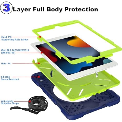 Case for iPad 9th/8th/7th Generation 10.2 inch, Heavy Duty Shockproof Cover with 360° Rotating Handle/Bracket/Pen Holder/Shoulder Strap, Kid Case for iPad 2021/2020/2019, Navy+Green