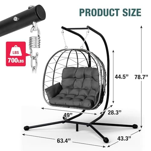 Pamapic Double Egg Chair wth Stand, 700 LBS Loveseat Rattan Swing Chair, UV Resistant Cushions with Armrests and Headrest, Thick Steel Frame Hammock Swing for Outdoor, Patio, Indoor(Grey)
