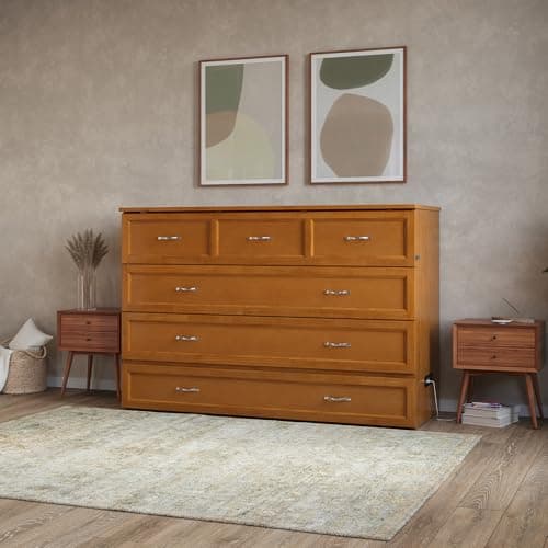 AFI, Northfield Queen Murphy Bed Chest with 6" Mattress, Storage Drawer & Built-in USB Charger, Light Toffee