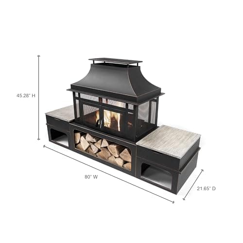 Rimasco 80-Inch Metal Wood Burner Fireplace with Side Storage Tables - Wood Burning Fire Pit for Home - Smokeless Patio Fire Pit - Outdoor