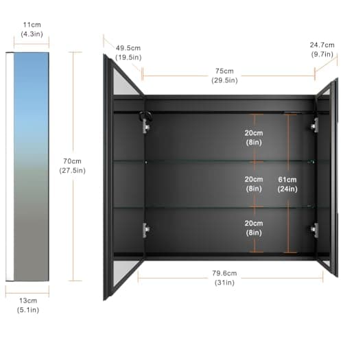 KWW Inch LED Lighted Bathroom Medicine Cabinet with Mirror (31 * 28), Sliver, KWWMC80