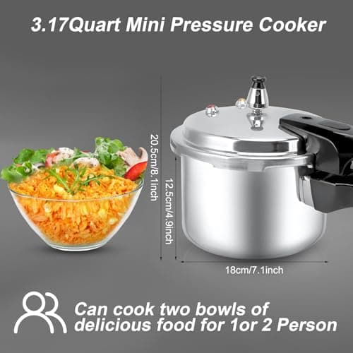 Compact Pressure Cooker, 3.17 Quart Aluminum Alloy Pressure Cooker 18cm/7inch Bottom 3L Mini Pressure Cooker for 1-2 Person, Ideal for Solo Cooking, Dorms & Camping Gas Induction Stove Compatible