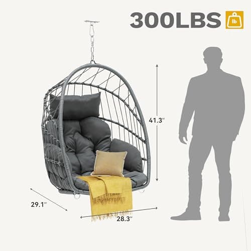 DWVO Egg Chair Without Stand, Basket Chair Hanging Outdoor Rattan Wicker Patio Hammock Indoor Egg Chair with Cushion, Hanging Swing Chair 350lbs for Porch, Garden, Bedroom, Balcony, Gray