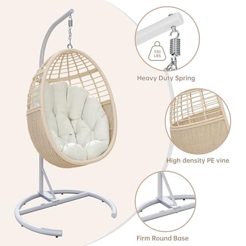 TWT Egg Swing Chair with Stand Hanging Egg Chair Outdoor - Rattan Wicker Patio Hanging Basket Chair Hammock Chair with Metal Frame and UV Resistant Cushion for Indoor Bedroom Balcony (Beige)