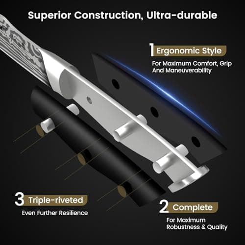 Steak Knives Set of 8, 4.8 Inch Straight Edge Ultra Sharp Durable Meat knives with Rest, High Carbon Stainless Steel Damascus Pattern Triple Rivet Handle, Ideal for Home Restaurant Party
