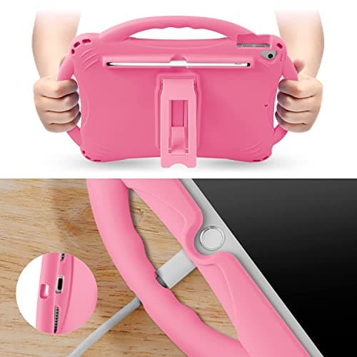 TopEsct Kids Case for iPad 10.2 inch - Shockproof Silicone Cover with Tempered Glass Screen Protector and Strap - Compatible with iPad 9th/8th/7th Gen (2021)" (Pink)