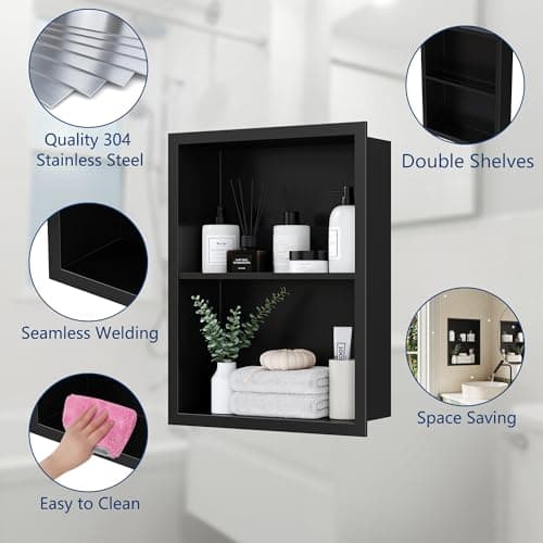 14x18 Medicine Cabinet Recessed, Medicine Cabinet Without Mirror, 304 Stainless Steel Medicine Wall Niche with Double Shelves, Matte Black