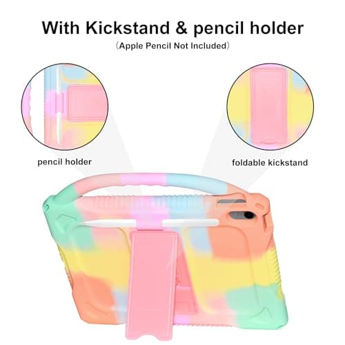 Adocham Kids Case for New iPad (A16) 11th Generation 11 Inch 2025/10th Generation 10.9 Inch 2022 Built-in Stand Handle,Lightweight Shockproof Silicone Kids Cover for iPad 10th/11th Gen (Rainbow)