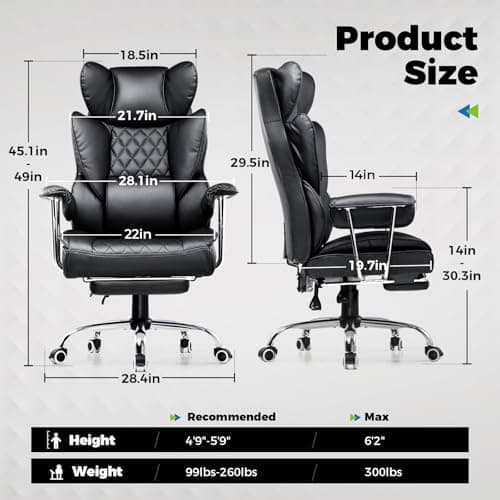 COMHOMA Big and Tall Office Chair, High Back Leather Gaming Chair with Footrest, Executive Ergonomic Office Chair with Pocket Spring Lumbar Support and with Outward Fixed Soft Armrests