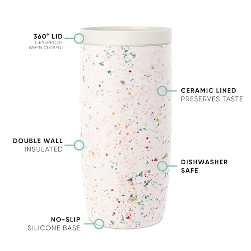 Simple Modern Travel Coffee Mug Tumbler with 360° Lid | Ceramic-Lined Insulated Stainless Steel Cold Brew Iced Coffee Cup Thermos | Gifts for Women Her Him | Voyager Signature | 16oz | Cream Terrazzo