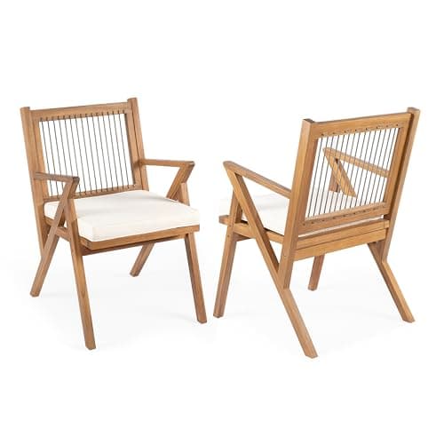Christopher Knight Home Becker Outdoor Dining Chairs Set of 2 with Cushion, Acacia Wood Dining Room Armchair Set, Garden Chair Set with Handwoven Accent, Patio Dinners Comfy Extra Seat, Cream + Teak