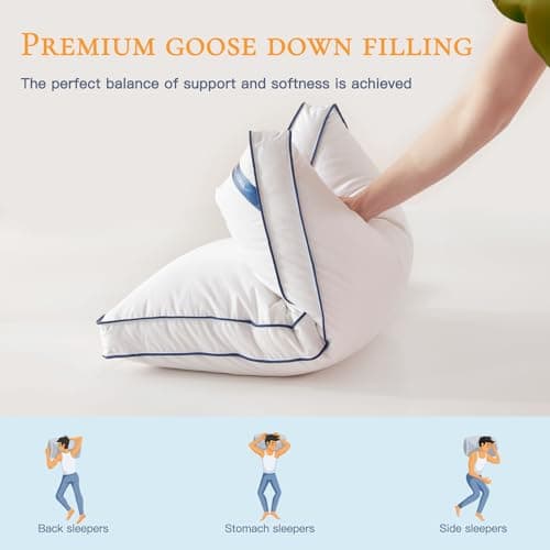 BedTreat Goose Down Pillows Queen Size Set of 2,Hotel Feather Pillows with Organic Cotton Cover,Medium Firm Bed Pillows for Side,Stomach and Back Sleepers,Luxury,Breathable(20X28)