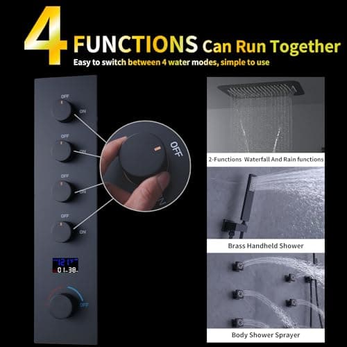 AYIVG Matte Black Thermostatic Rainfall Full Body Shower System With 2 In 1 Waterfall Rainfall Ceiling Mount 16 X 24 Inch Rain Shower Head 6 Jets Temperature Display Shower Faucet Set