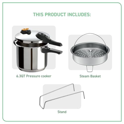 T-fal Ultimate Stainless Steel Pressure Cooker 6.3 Quart, Induction Compatible, Secure Locking Lid, Safe & Easy to Use, Cookware, Pots and Pans, Kitchen, Dishwasher Safe, Silver