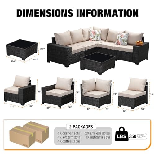 6 Pieces Patio Furniture Set All-Weather Outdoor Wicker Sectional Conversation Sofa Rattan Patio Seating Sofa with Cushion and Glass Table for Porch Poolside,Beige