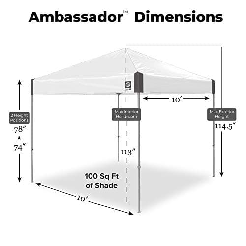 E-Z UP Ambassador Instant Pop Up Canopy Tent, 10' x 10', Roller Bag and 4 Piece Spike Set, Slate White