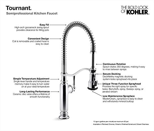 KOHLER Tournant Semi-Professional Pull-Down Kitchen Sink Faucet, Commercial Kitchen Faucet with Pull Down Sprayer, 77515-VS, Vibrant Stainless