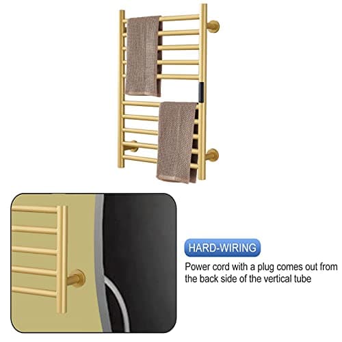 Gold Heated Towel Warmer Radiator Bathroom Accessories, Built-in Timer Temperature Control 10 Bars Electric Heated Towel Racks for Bathroom, Stainless Steel Towel Warmer Drying Rack, (Hardwired)