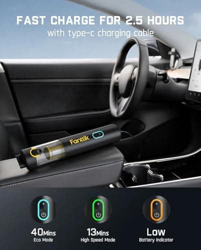 Fanttik Slim V8 Apex Car Vacuum, 4-in-1 Portable Mini Cordless Vacuum with 19000pa Suction Power, Type-C Charge, 2 Suction Modes, Handheld Vacuum for Car, Office Desk, Keyboards (Black)
