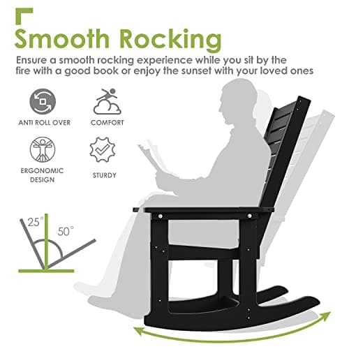 GREENVINES Outdoor Rocking Chairs | Set of 2 | Porch Rocker | HDPE Plastic | Black | Oversized Rockers | High Back | Big & Tall | Ladder Back | for Patio Outside Backyard Balcony