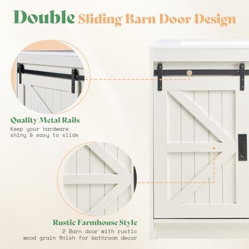 AMERLIFE 61" Farmhouse Double Bathroom Vanity with Sink Combo, Dual Basin Bathroom Storage Cabinet with Sliding Barn Doors & Drawers, Large Double Bath Vanity Sink Set, Rustic White
