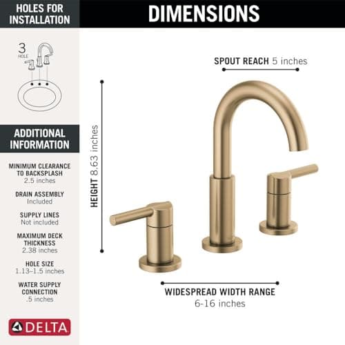 Delta Faucet Nicoli Widespread Bathroom Faucet 3 Hole, Gold Bathroom Sink Faucet, 2 Handle Bathroom Faucet, Bath Faucet, Drain Assembly, Champagne Bronze 35749LF-CZ
