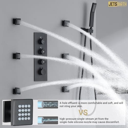 16” Thermostatic Rain Shower System with 6 Body Jets & 16-Inch Rainfall Shower Head, JetsBath Full Body Shower Faucet Sets with Valve & Handheld, Matte Black Luxury Wall Mount Shower Faucet Set