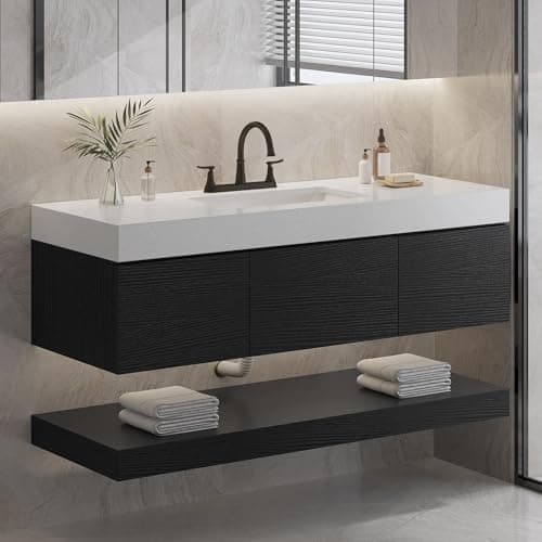 YITAHOME 48 Inch Floating Vanity with 3 Drawers, Wall Mounted Bathroom Vanity with White Quartz Countertop & Oak Veneer, Big Space Storage for Modern Bathroom, Black