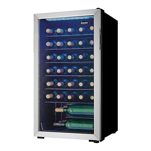 Danby DWC036A1BSSDB-6 3.3 Cu. Ft. Free Standing Wine Cooler, Holds 36 Bottles, Single Zone Fridge with Glass Door-Chiller for Kitchen, Home Bar, Stainless Steel