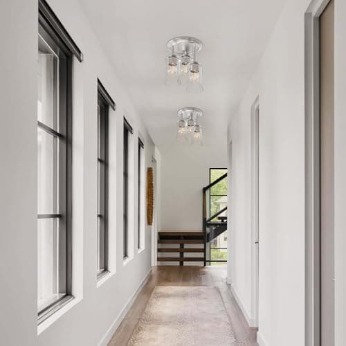 Kalium 3-Lights Semi Flush Mount Ceiling Light Fixture, Farmhouse Light Fixtures, Ceiling Light Decor for Kitchen, Foyer, Entryway, Brushed Nickel with Clear Glass Shade.