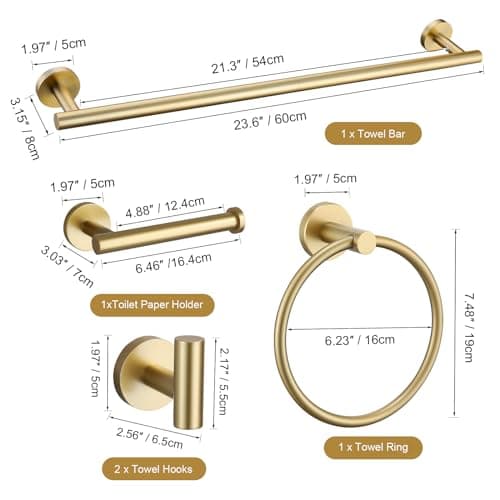 TURS Brushed Gold 5 Piece Bathroom Hardware Set, SUS304 Stainless Steel 24 Inch Bath Towel Bar Set, Round Bathroom Accessories Kit Wall Mounted