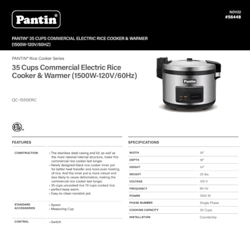 Commercial Rice Cooker Large Capacity Rice Cooker & Rice Warmer - Extra Large Rice Cooker 35 Cups Raw / 70 Cups Cooked Big Rice Cooker 35 Cups Raw Rice Cooker 70 Cups Cooked 120V/1500W, ETL Listed