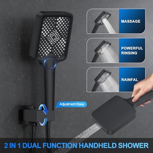 Shower Faucet Set, 12" Ceiling Mount Rainfall Shower System with 2 Rain Shower Head and Multi-function Handheld Head Push Button Diverter Shower Faucet Trim Kit (12", Matte Black)