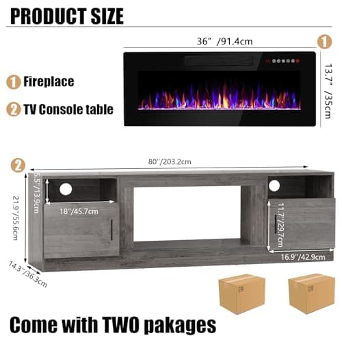VITESSE TV Stand with 36" inch Electric Fireplace Up to 90" TVs, LED Light Entertainment Center, 80" Modern Wood High Gloss Fireplace with Highlight Storage Cabinet for Living Room (Gray)